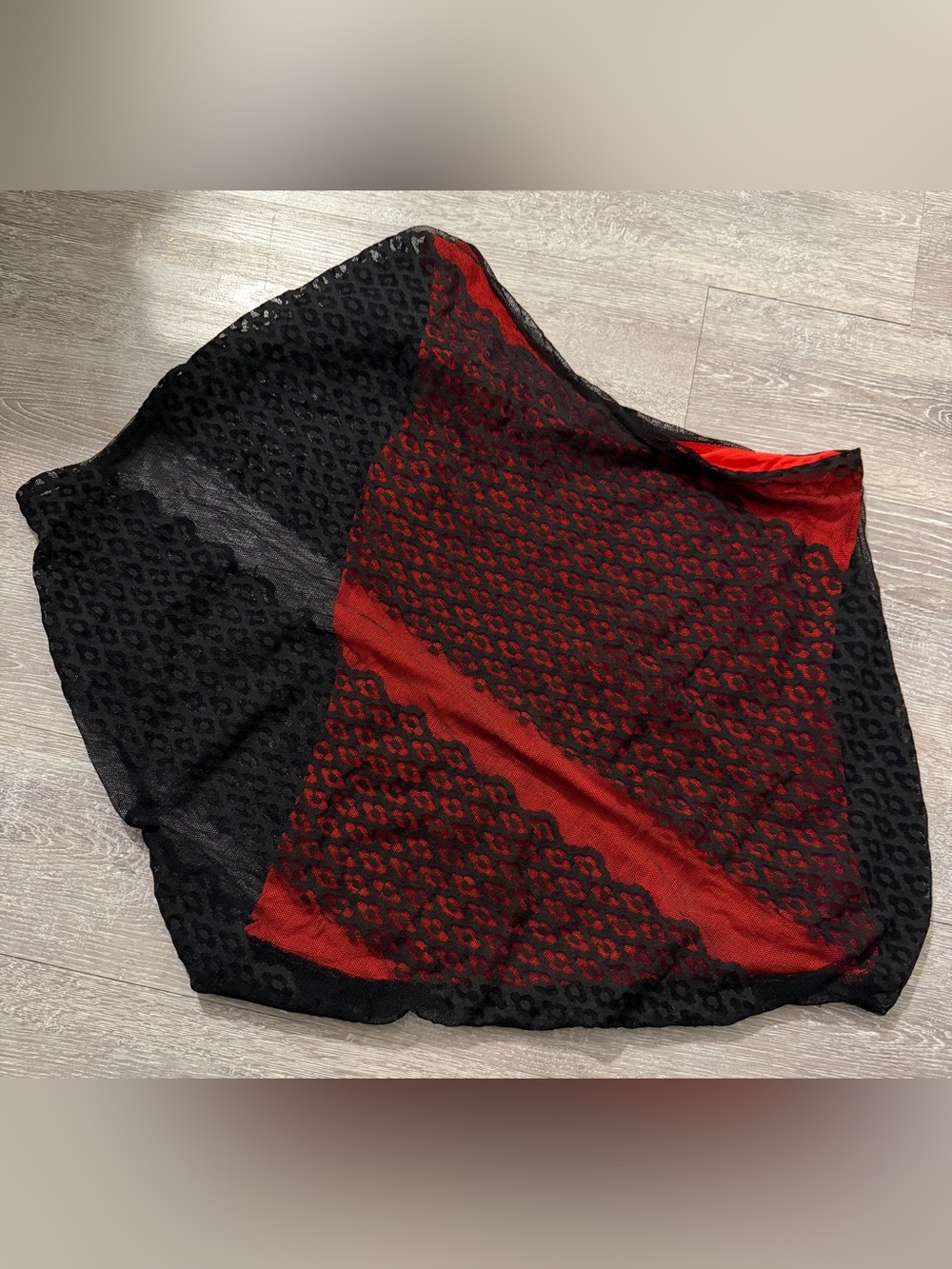 Guess Y2K Asymmetrical One-Shoulder Black Lace Overlay Top with Red Lining - Siz